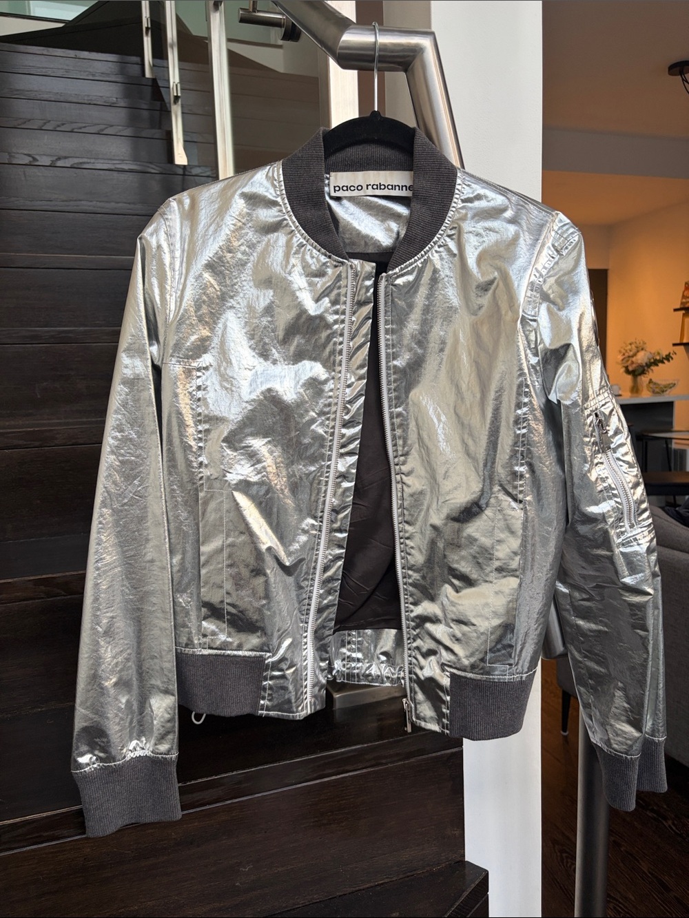 Paco Rabanne Silver Metallic Bomber Jacket with Grey Trim